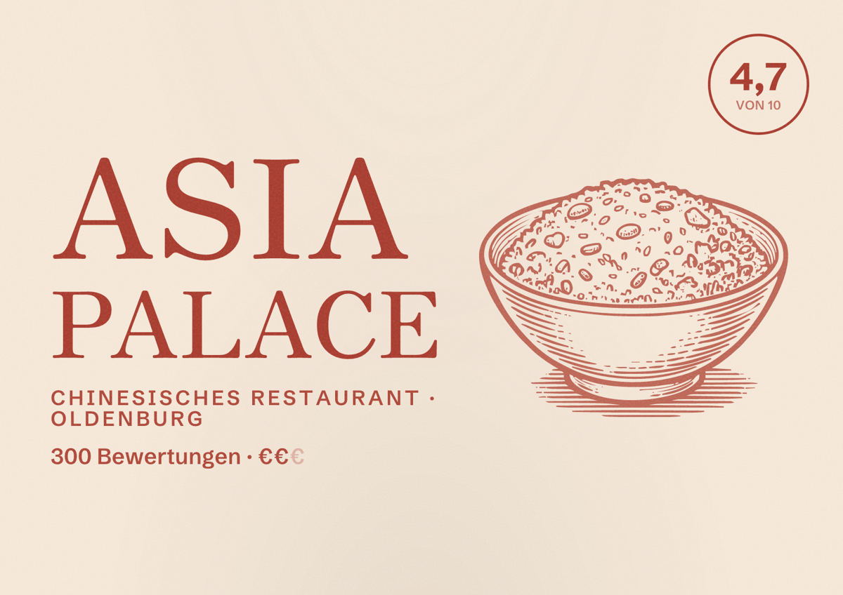 Illustriertes Poster von Asia Palace, Chinesisches Restaurant in Oldenburg: Bewertung 4,7 von 10 aus 300 Bewertungen, Preisniveau €€