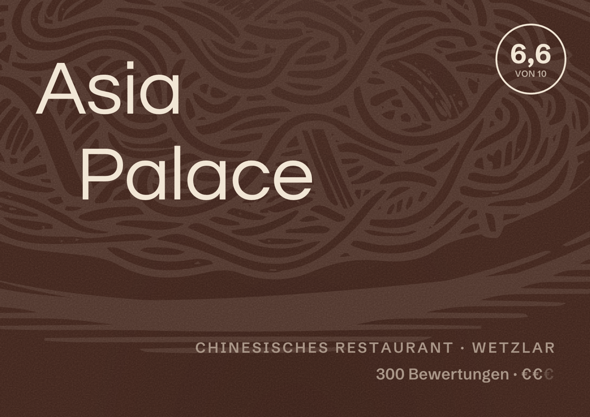Illustriertes Poster von Asia Palace, Chinesisches Restaurant in Wetzlar: Bewertung 6,6 von 10 aus 300 Bewertungen, Preisniveau €€