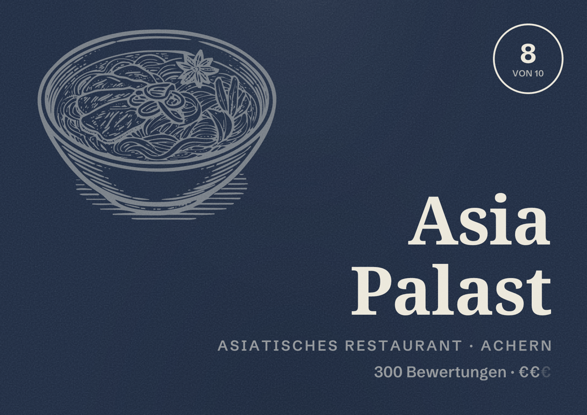 Illustriertes Poster von Asia Palast, Asiatisches Restaurant in Achern: Bewertung 8 von 10 aus 300 Bewertungen, Preisniveau €€