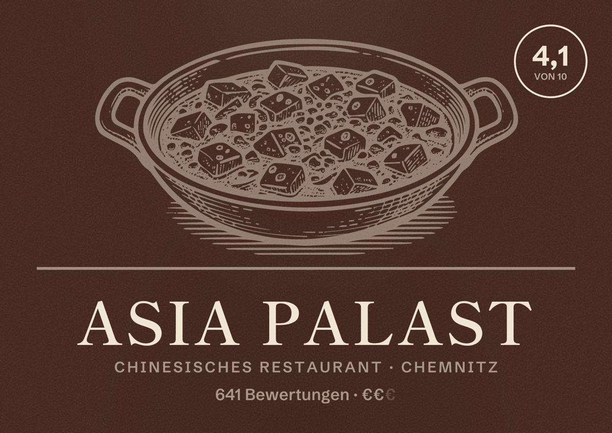 Illustriertes Poster von Asia Palast, Chinesisches Restaurant in Chemnitz: Bewertung 4,1 von 10 aus 641 Bewertungen, Preisniveau €€