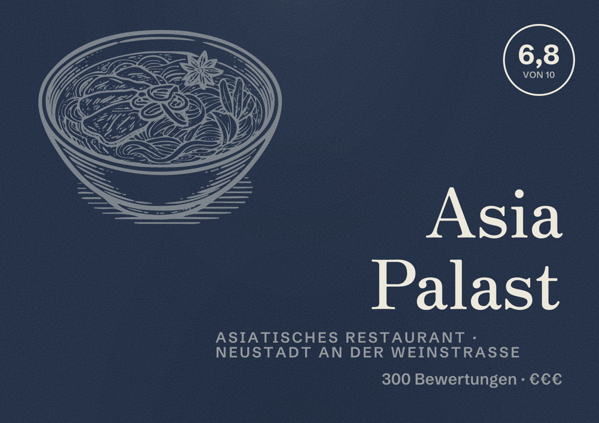 Illustriertes Poster von Asia Palast, Asiatisches Restaurant in Neustadt an der Weinstraße: Bewertung 6,8 von 10 aus 300 Bewertungen, Preisniveau €€€