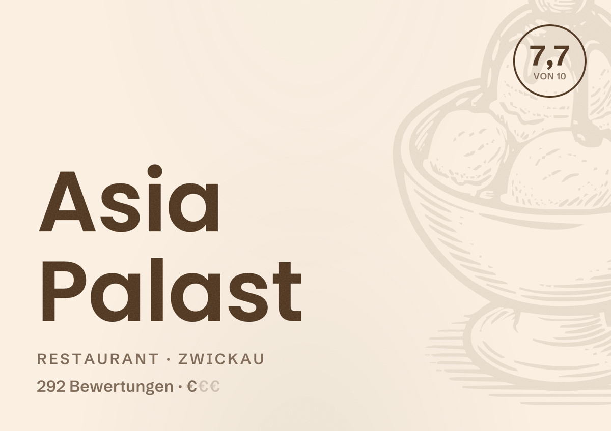 Illustriertes Poster von Asia Palast, Restaurant in Zwickau: Bewertung 7,7 von 10 aus 292 Bewertungen, Preisniveau €