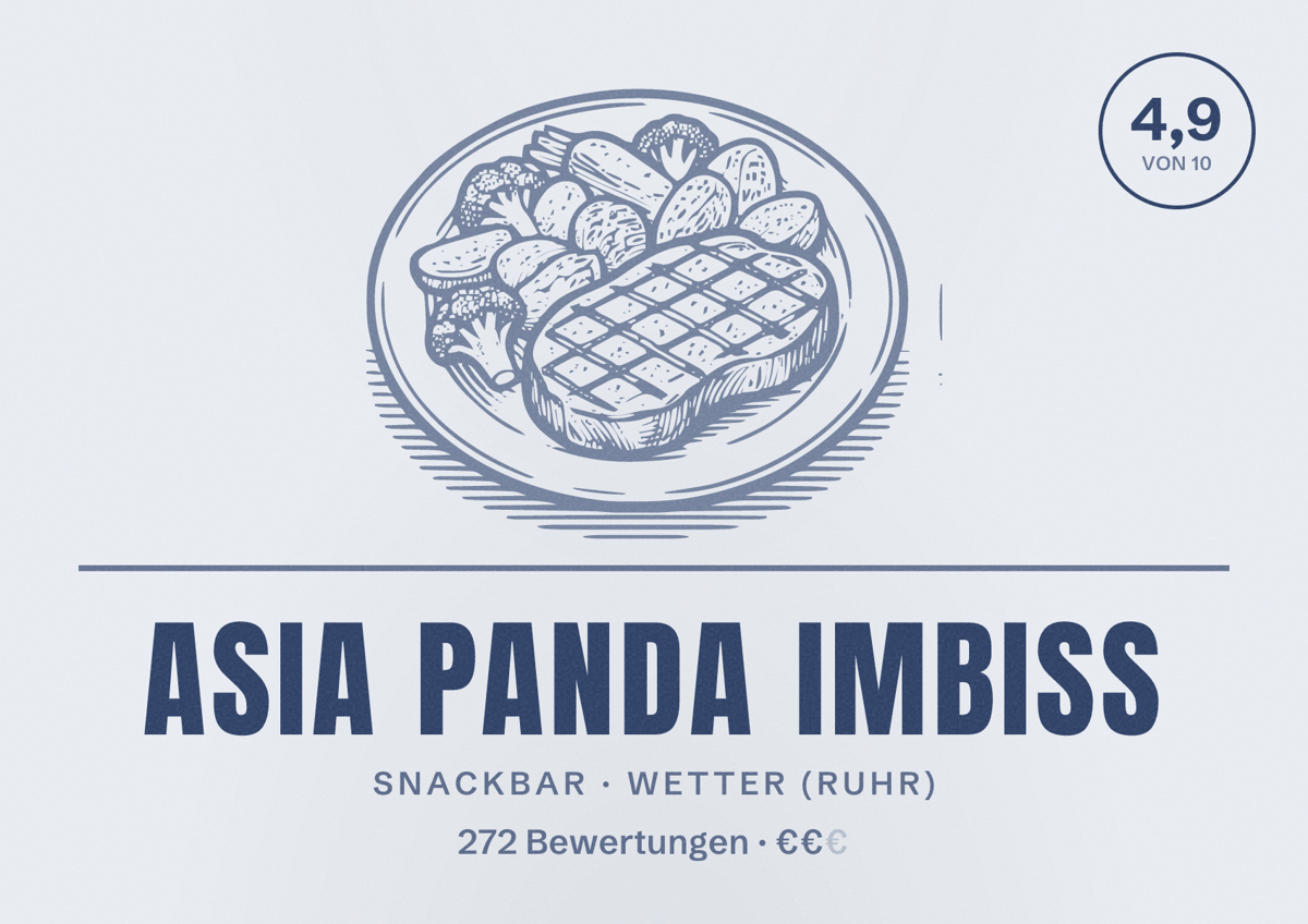 Illustriertes Poster von Asia Panda Imbiss, Snackbar in Wetter (Ruhr): Bewertung 4,9 von 10 aus 272 Bewertungen, Preisniveau €€