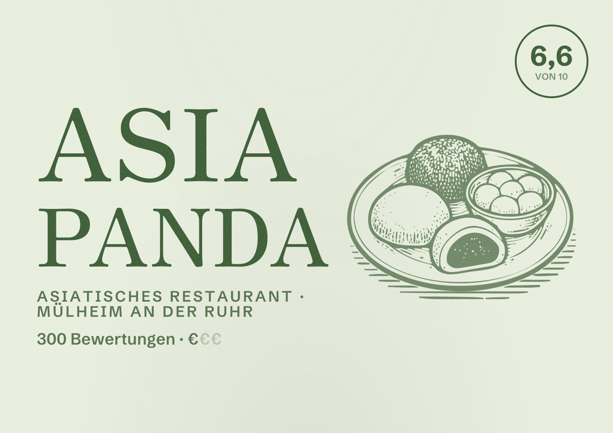 Illustriertes Poster von Asia Panda, Asiatisches Restaurant in Mülheim an der Ruhr: Bewertung 6,6 von 10 aus 300 Bewertungen, Preisniveau €