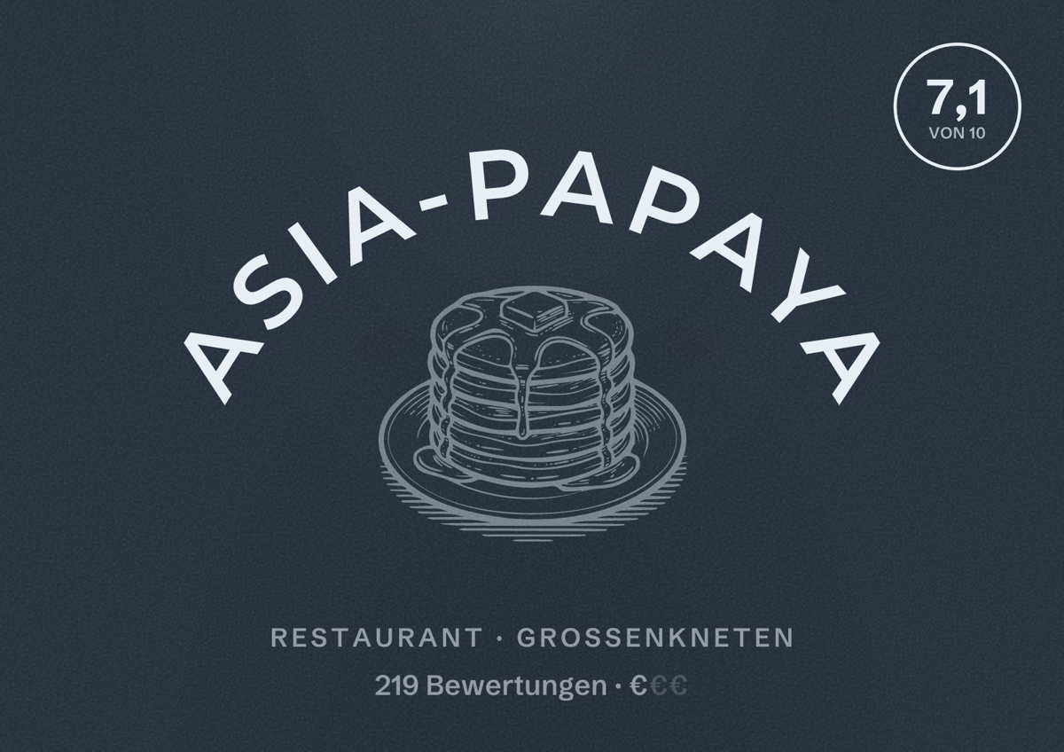 Illustriertes Poster von Asia-Papaya, Restaurant in Großenkneten: Bewertung 7,1 von 10 aus 219 Bewertungen, Preisniveau €