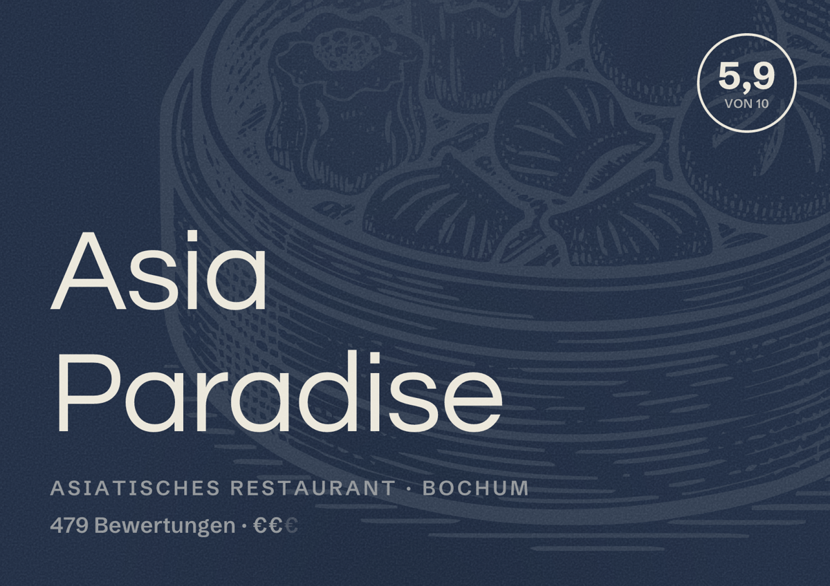 Illustriertes Poster von Asia Paradise, Asiatisches Restaurant in Bochum: Bewertung 5,9 von 10 aus 479 Bewertungen, Preisniveau €€
