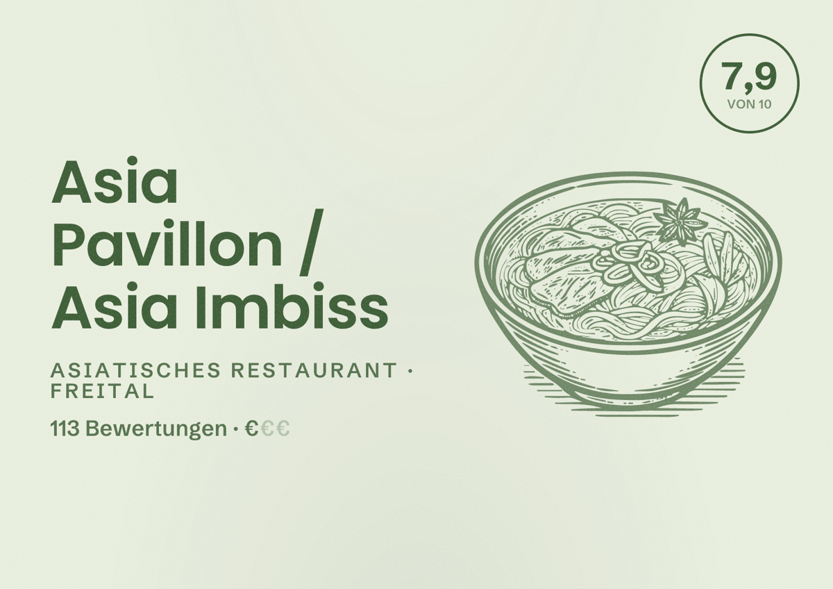 Illustriertes Poster von Asia Pavillon / Asia Imbiss, Asiatisches Restaurant in Freital: Bewertung 7,9 von 10 aus 113 Bewertungen, Preisniveau €