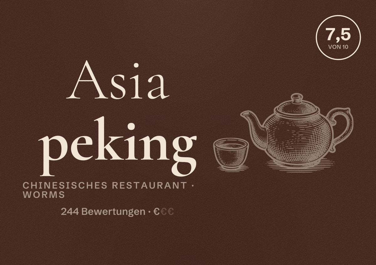 Illustriertes Poster von Asia peking, Chinesisches Restaurant in Worms: Bewertung 7,5 von 10 aus 244 Bewertungen, Preisniveau €