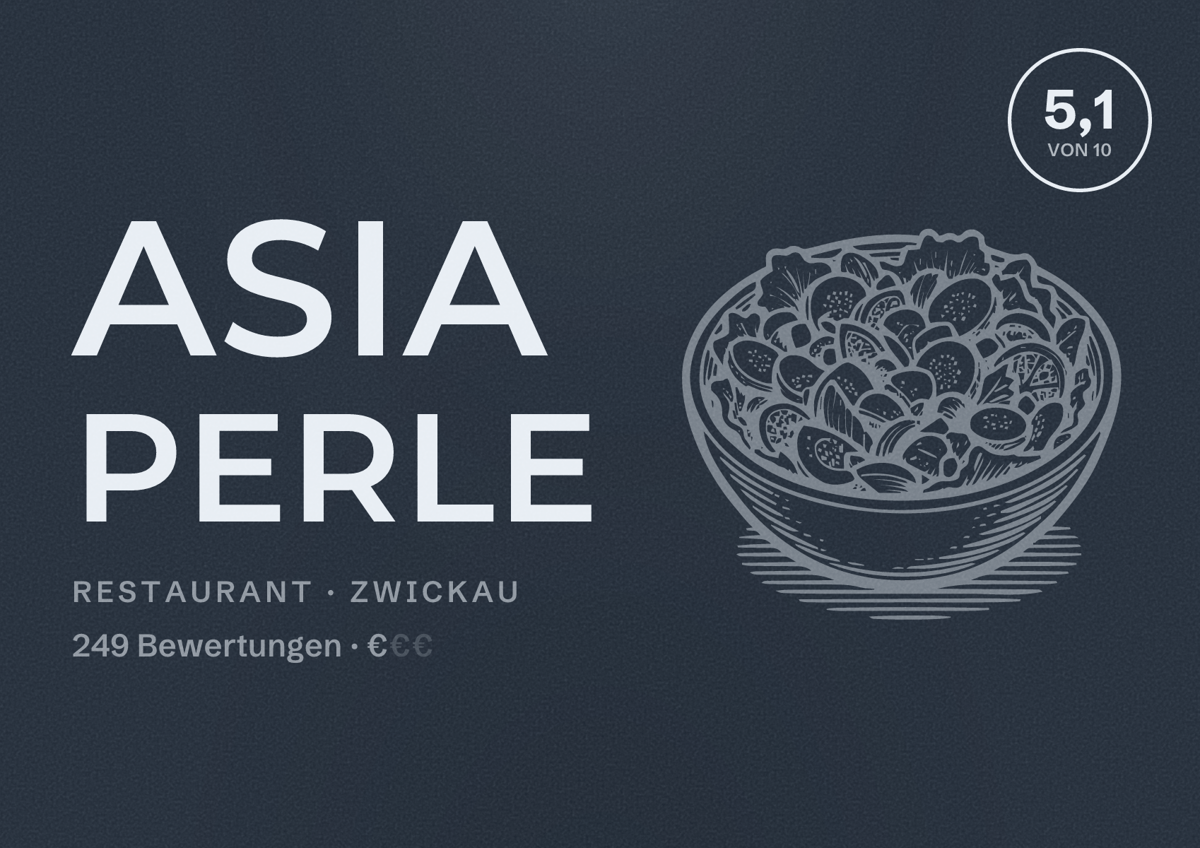 Illustriertes Poster von Asia Perle, Restaurant in Zwickau: Bewertung 5,1 von 10 aus 249 Bewertungen, Preisniveau €