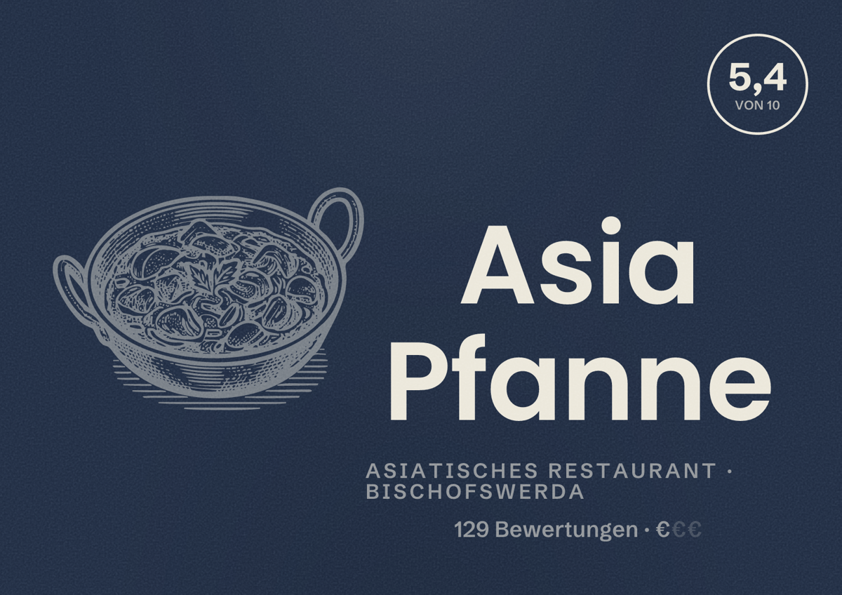 Illustriertes Poster von Asia Pfanne, Asiatisches Restaurant in Bischofswerda: Bewertung 5,4 von 10 aus 129 Bewertungen, Preisniveau €