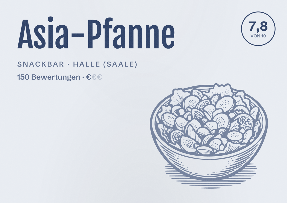 Illustriertes Poster von Asia-Pfanne, Snackbar in Halle (Saale): Bewertung 7,8 von 10 aus 150 Bewertungen, Preisniveau €
