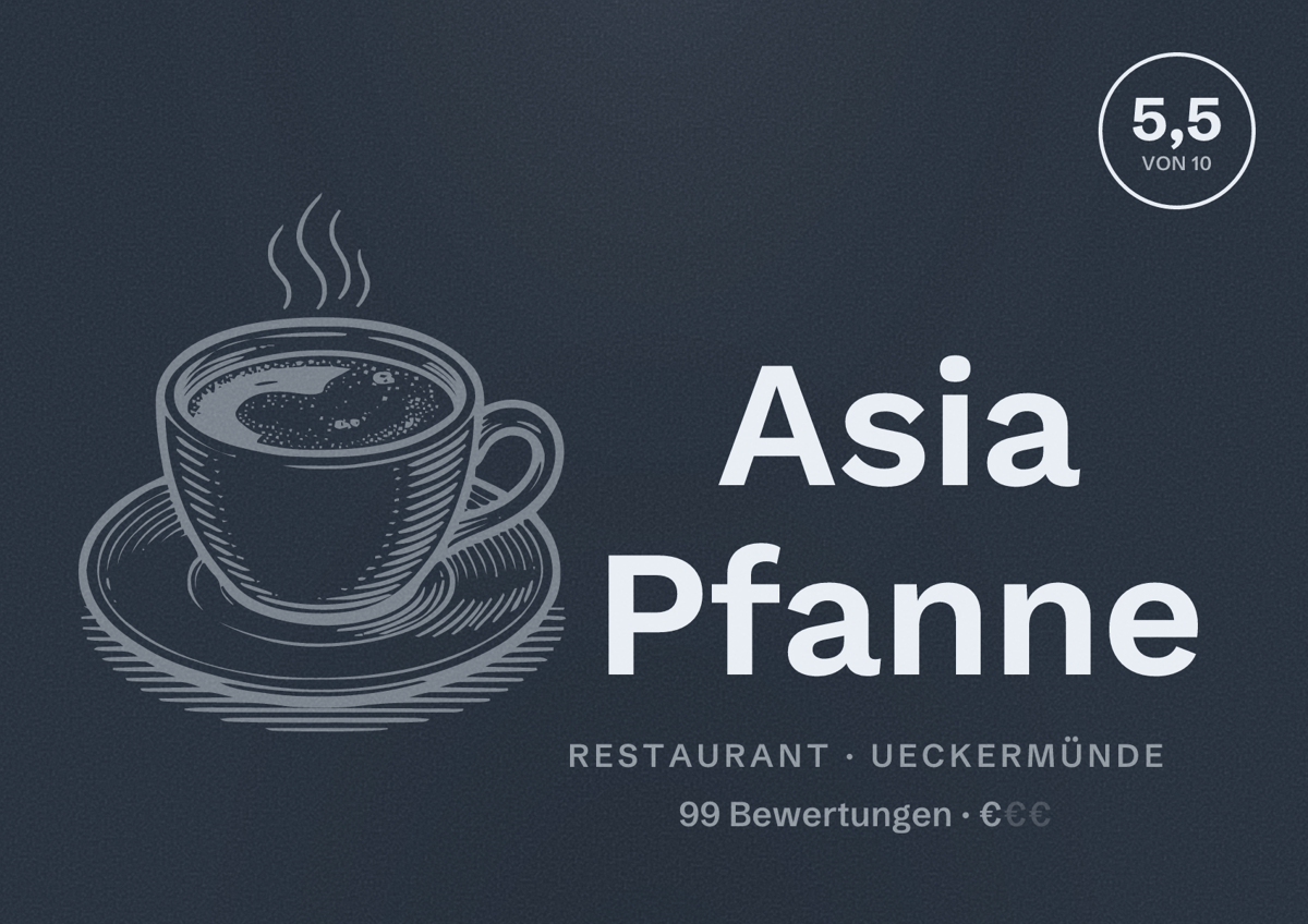 Illustriertes Poster von Asia Pfanne, Restaurant in Ueckermünde: Bewertung 5,5 von 10 aus 99 Bewertungen, Preisniveau €