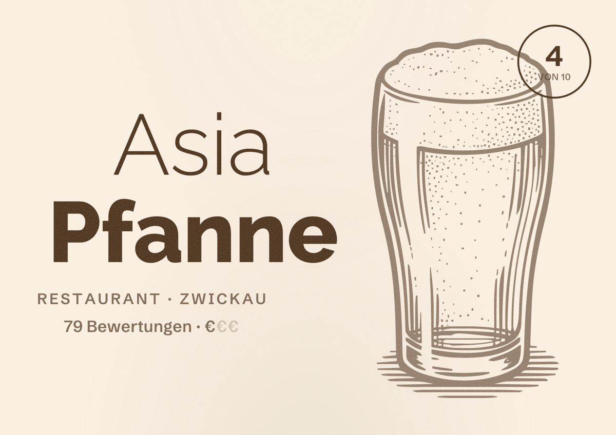Illustriertes Poster von Asia Pfanne, Restaurant in Zwickau: Bewertung 4 von 10 aus 79 Bewertungen, Preisniveau €