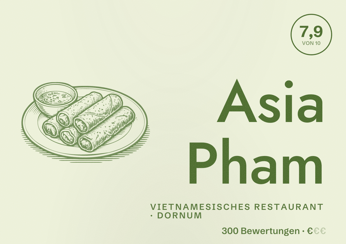 Illustriertes Poster von Asia Pham, Vietnamesisches Restaurant in Dornum: Bewertung 7,9 von 10 aus 300 Bewertungen, Preisniveau €