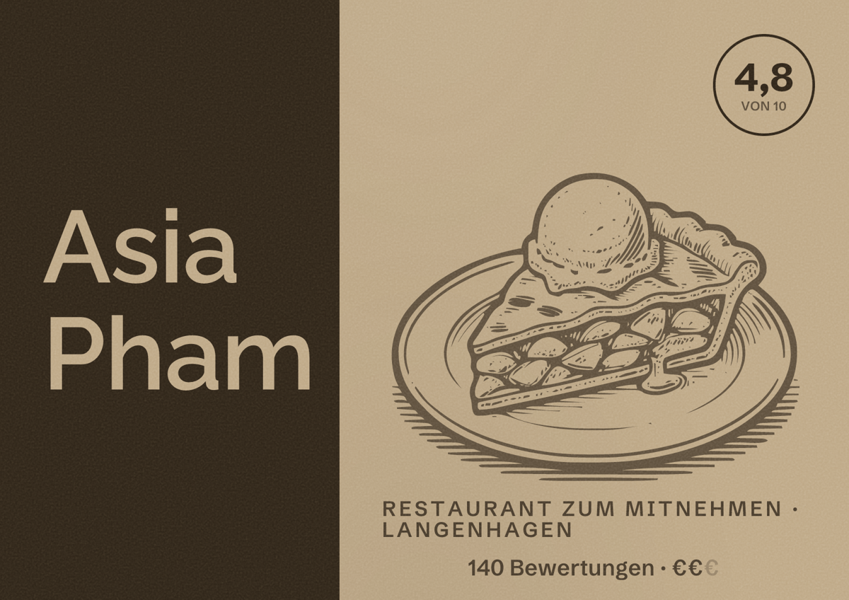 Illustriertes Poster von Asia Pham, Restaurant zum Mitnehmen in Langenhagen: Bewertung 4,8 von 10 aus 140 Bewertungen, Preisniveau €€