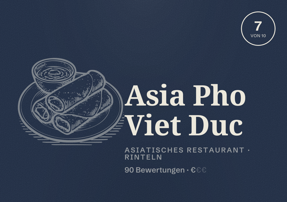 Illustriertes Poster von Asia Pho Viet Duc, Asiatisches Restaurant in Rinteln: Bewertung 7 von 10 aus 90 Bewertungen, Preisniveau €