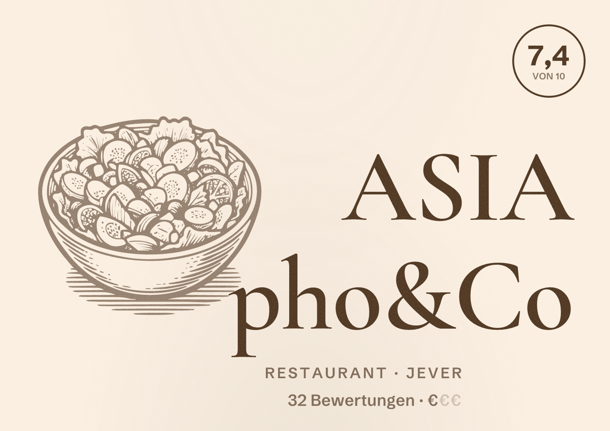 Illustriertes Poster von ASIA pho&Co, Restaurant in Jever: Bewertung 7,4 von 10 aus 32 Bewertungen, Preisniveau €