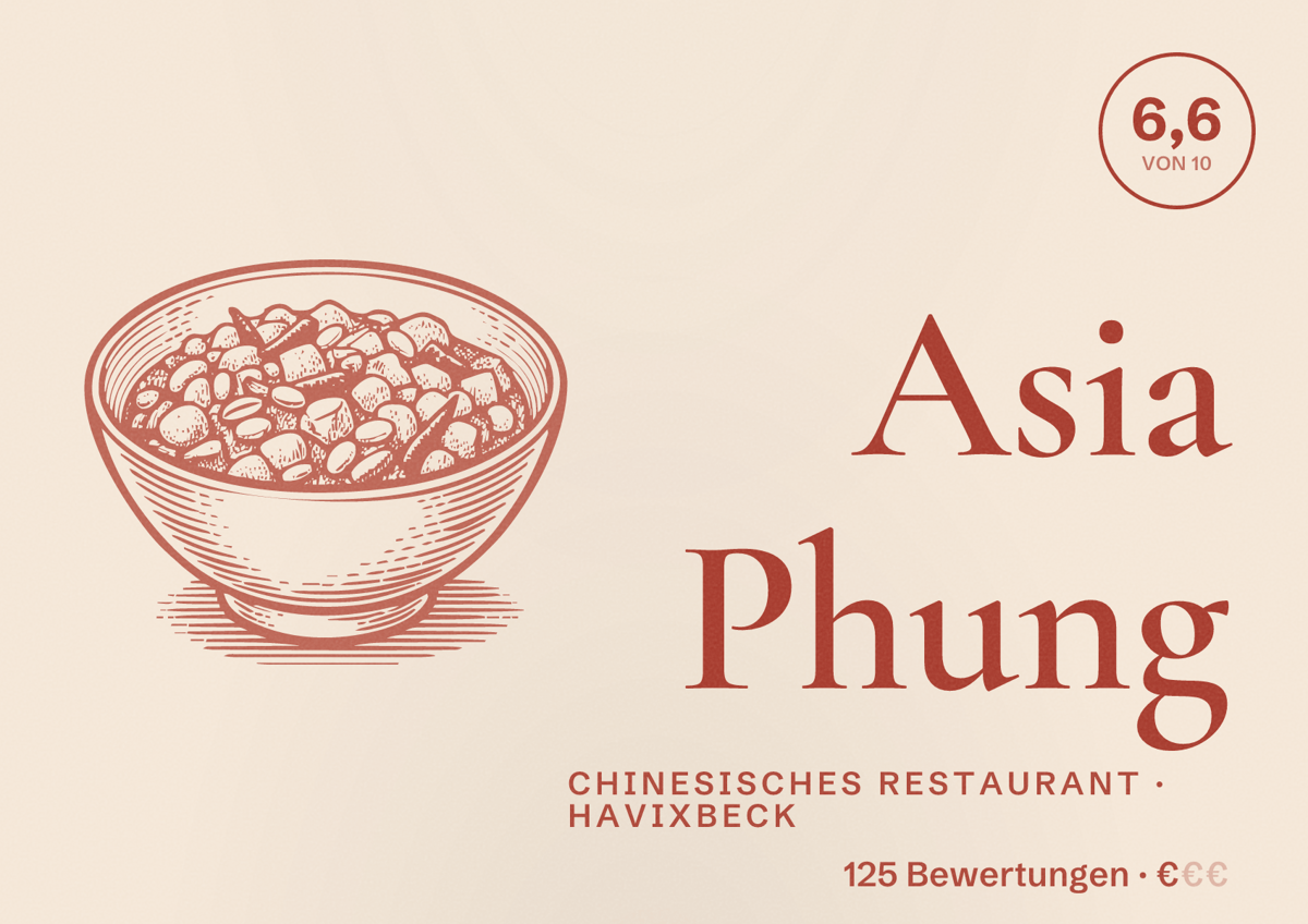 Illustriertes Poster von Asia Phung, Chinesisches Restaurant in Havixbeck: Bewertung 6,6 von 10 aus 125 Bewertungen, Preisniveau €