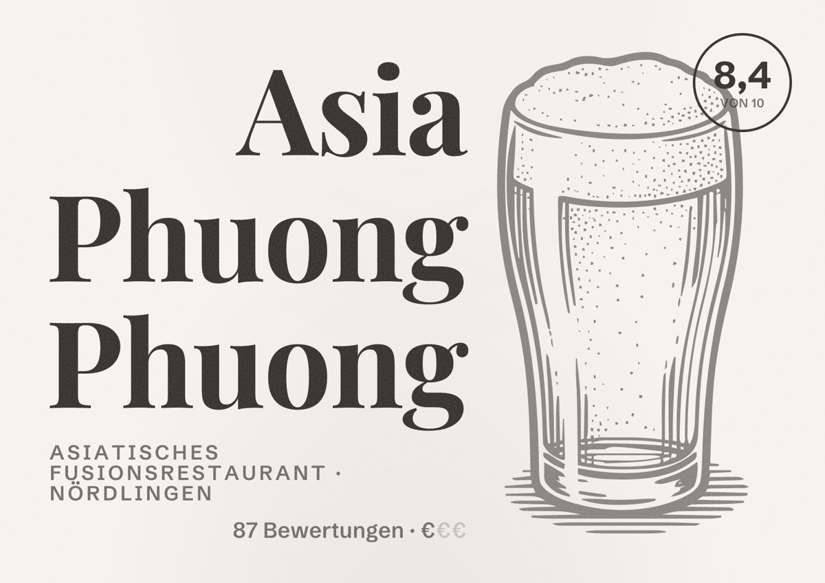 Illustriertes Poster von Asia Phuong Phuong, Asiatisches Fusionsrestaurant in Nördlingen: Bewertung 8,4 von 10 aus 87 Bewertungen, Preisniveau €