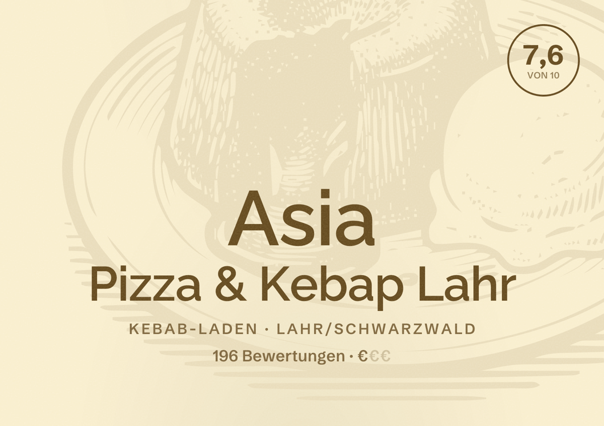 Illustriertes Poster von Asia Pizza & Kebap Lahr, Kebab-Laden in Lahr/Schwarzwald: Bewertung 7,6 von 10 aus 196 Bewertungen, Preisniveau €