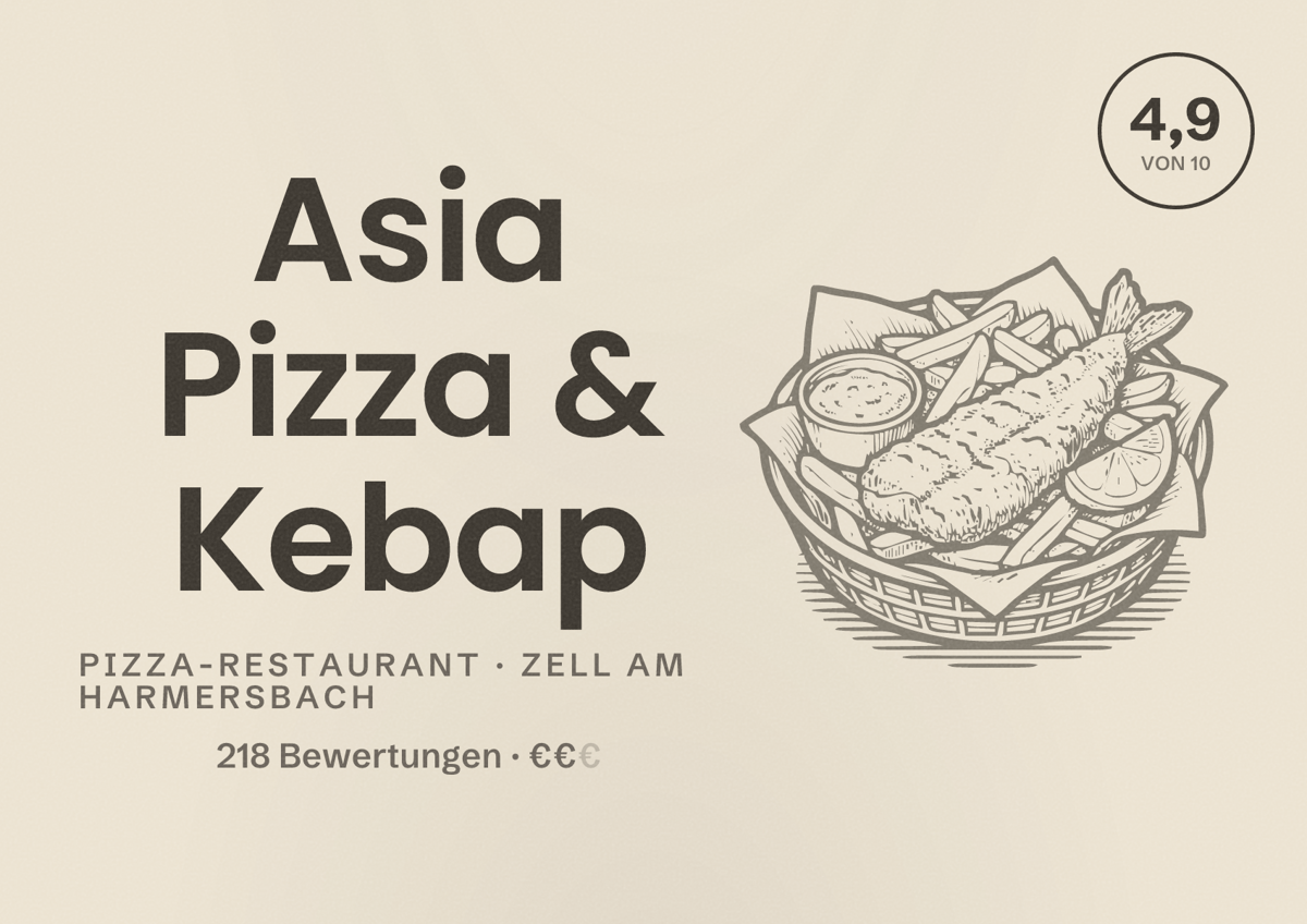 Illustriertes Poster von Asia Pizza & Kebap, Pizza-Restaurant in Zell am Harmersbach: Bewertung 4,9 von 10 aus 218 Bewertungen, Preisniveau €€