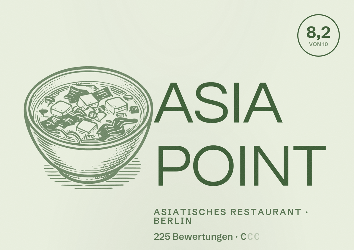 Illustriertes Poster von ASIA POINT, Asiatisches Restaurant in Berlin: Bewertung 8,2 von 10 aus 225 Bewertungen, Preisniveau €