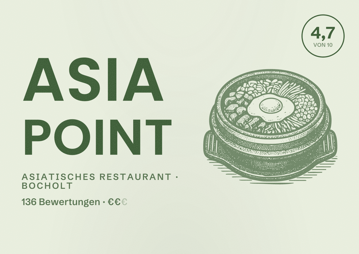 Illustriertes Poster von asia point, Asiatisches Restaurant in Bocholt: Bewertung 4,7 von 10 aus 136 Bewertungen, Preisniveau €€