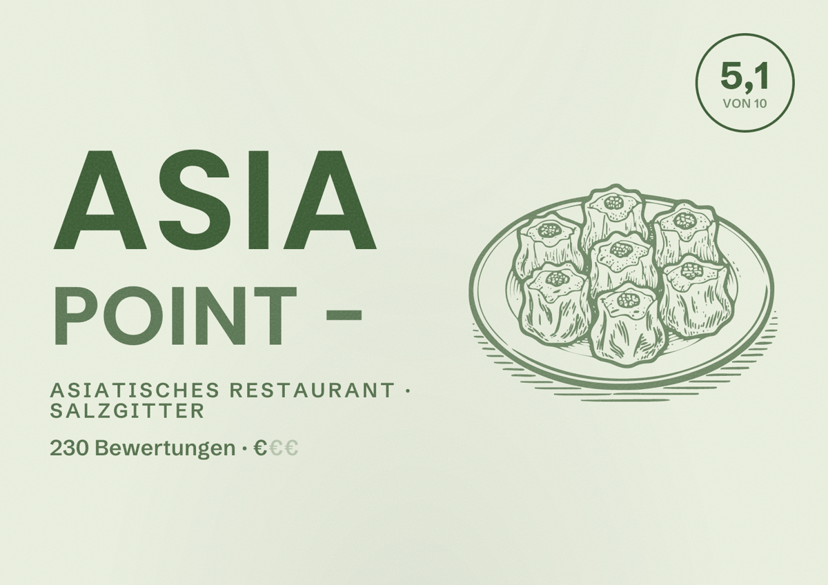 Illustriertes Poster von Asia Point -, Asiatisches Restaurant in Salzgitter: Bewertung 5,1 von 10 aus 230 Bewertungen, Preisniveau €