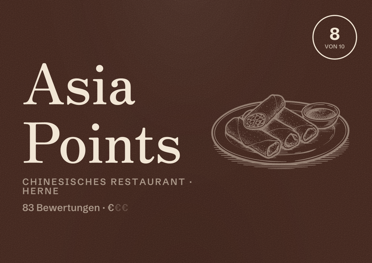 Illustriertes Poster von Asia Points, Chinesisches Restaurant in Herne: Bewertung 8 von 10 aus 83 Bewertungen, Preisniveau €