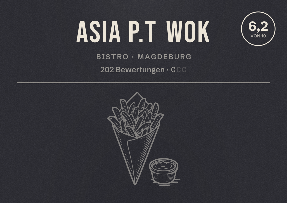 Illustriertes Poster von Asia P.T Wok, Bistro in Magdeburg: Bewertung 6,2 von 10 aus 202 Bewertungen, Preisniveau €