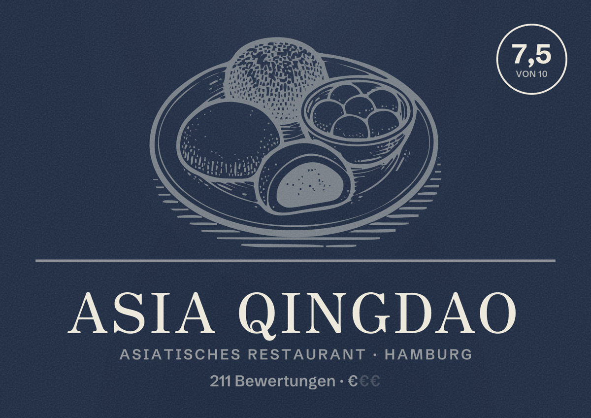 Illustriertes Poster von Asia Qingdao, Asiatisches Restaurant in Hamburg: Bewertung 7,5 von 10 aus 211 Bewertungen, Preisniveau €