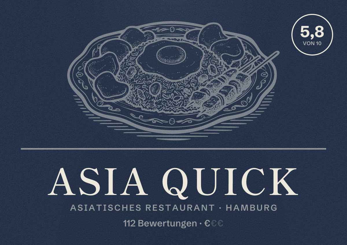 Illustriertes Poster von Asia Quick, Asiatisches Restaurant in Hamburg: Bewertung 5,8 von 10 aus 112 Bewertungen, Preisniveau €