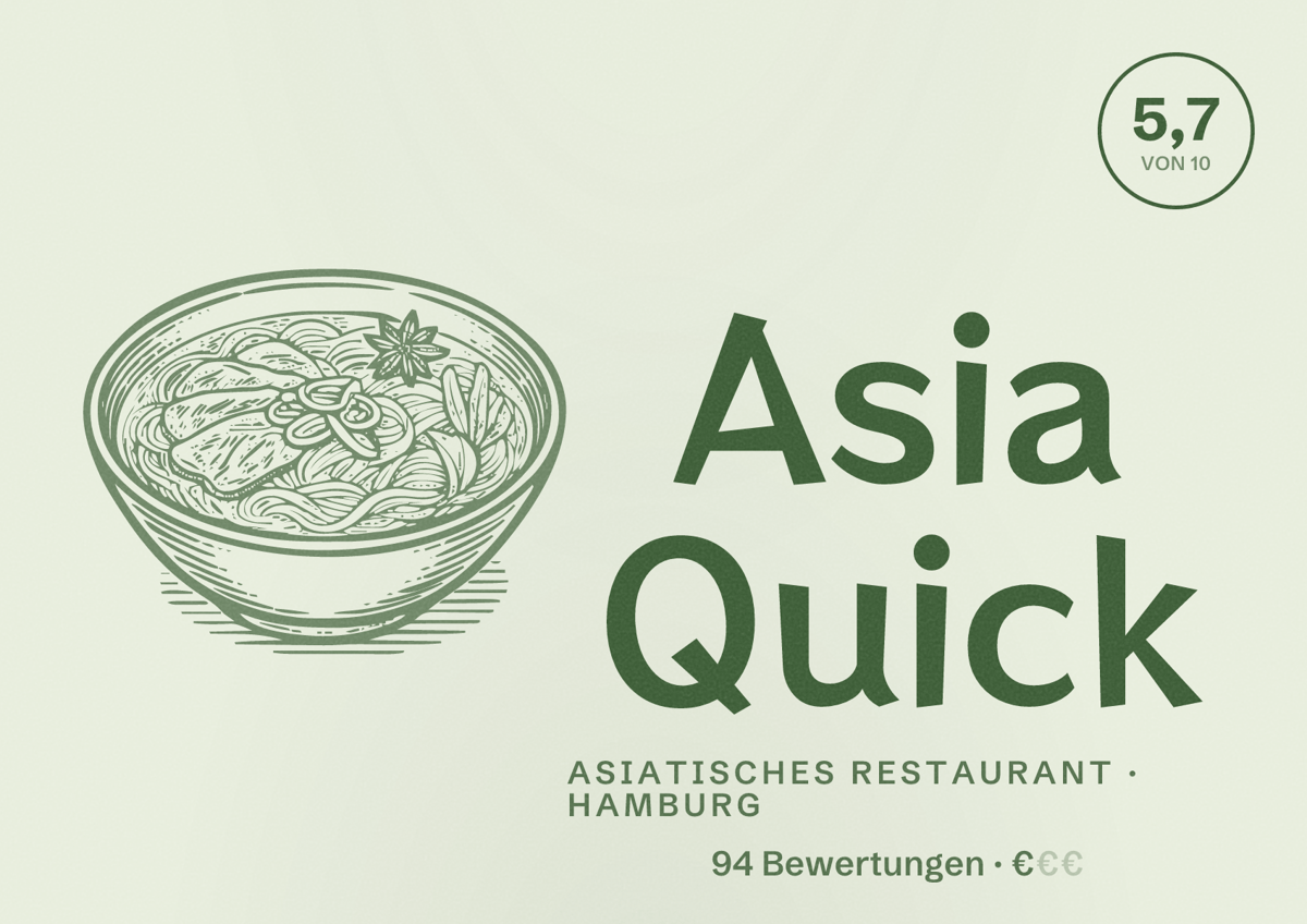 Illustriertes Poster von Asia Quick, Asiatisches Restaurant in Hamburg: Bewertung 5,7 von 10 aus 94 Bewertungen, Preisniveau €