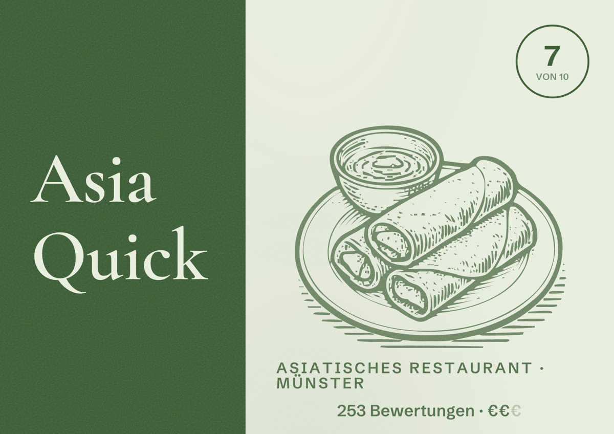 Illustriertes Poster von Asia Quick, Asiatisches Restaurant in Münster: Bewertung 7 von 10 aus 253 Bewertungen, Preisniveau €€