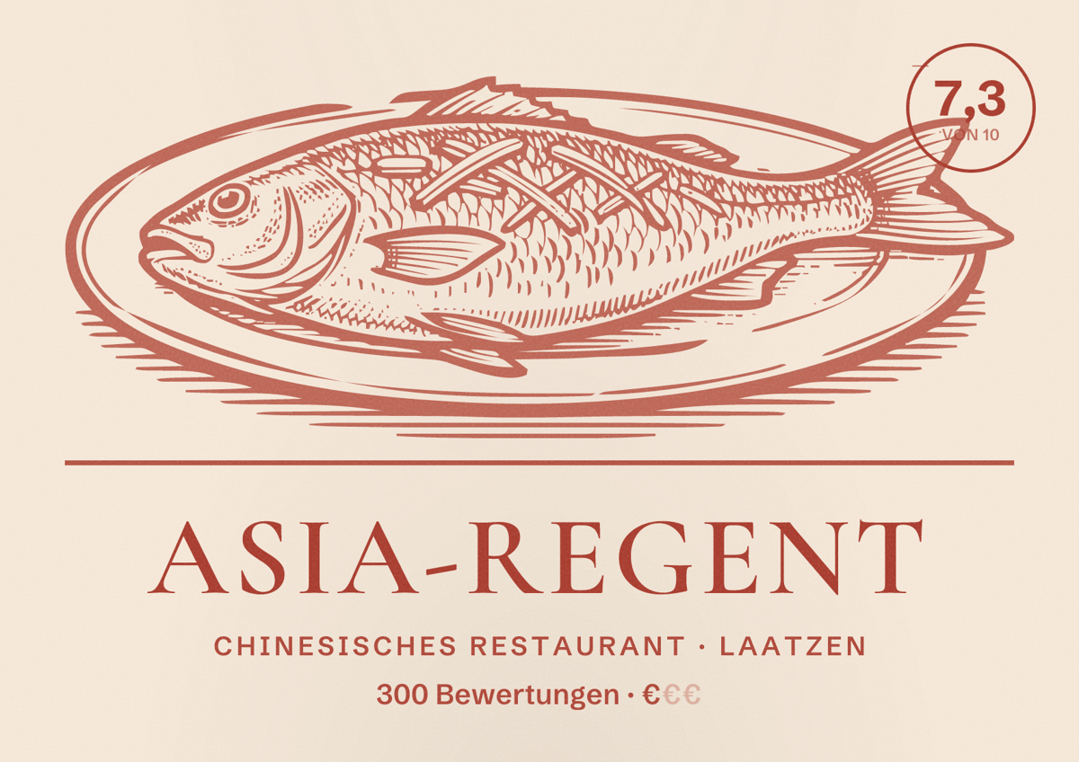 Illustriertes Poster von Asia-Regent, Chinesisches Restaurant in Laatzen: Bewertung 7,3 von 10 aus 300 Bewertungen, Preisniveau €