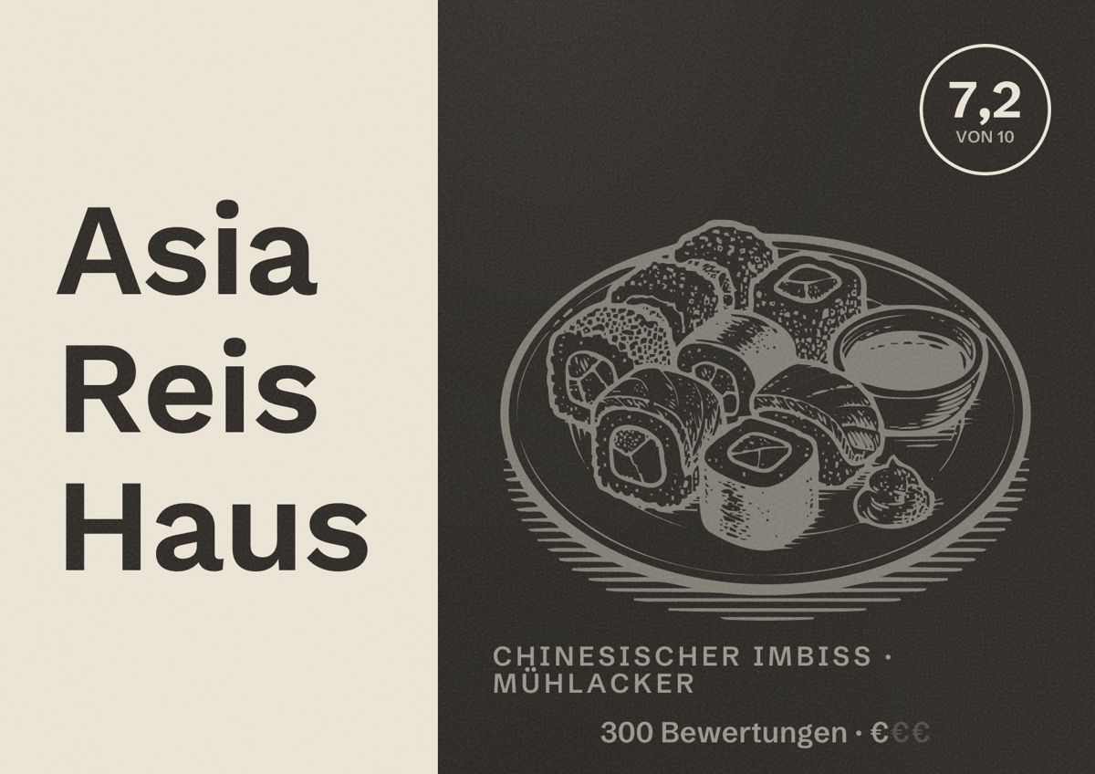 Illustriertes Poster von Asia Reis Haus, Chinesischer Imbiss in Mühlacker: Bewertung 7,2 von 10 aus 300 Bewertungen, Preisniveau €