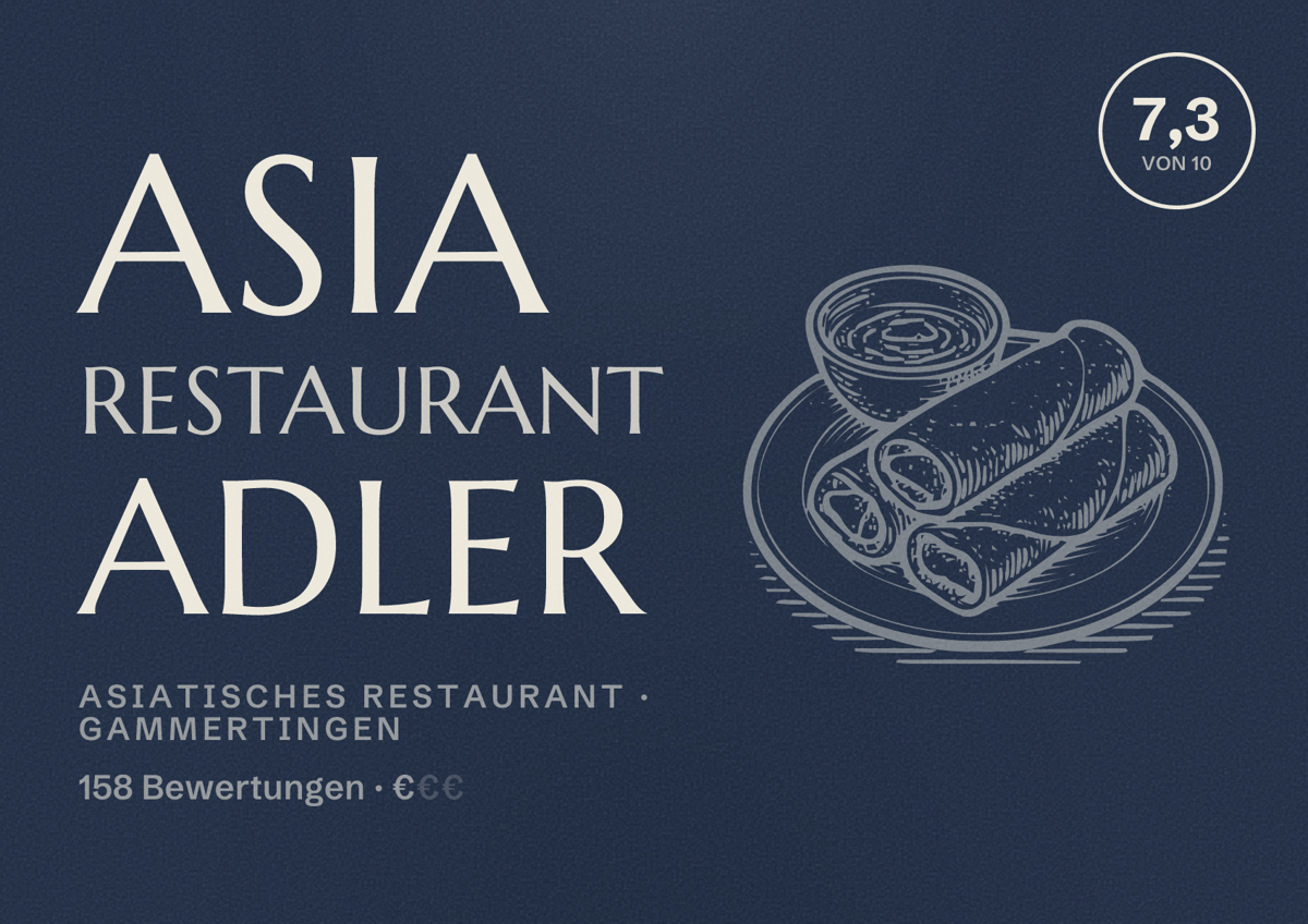 Illustriertes Poster von Asia Restaurant Adler, Asiatisches Restaurant in Gammertingen: Bewertung 7,3 von 10 aus 158 Bewertungen, Preisniveau €