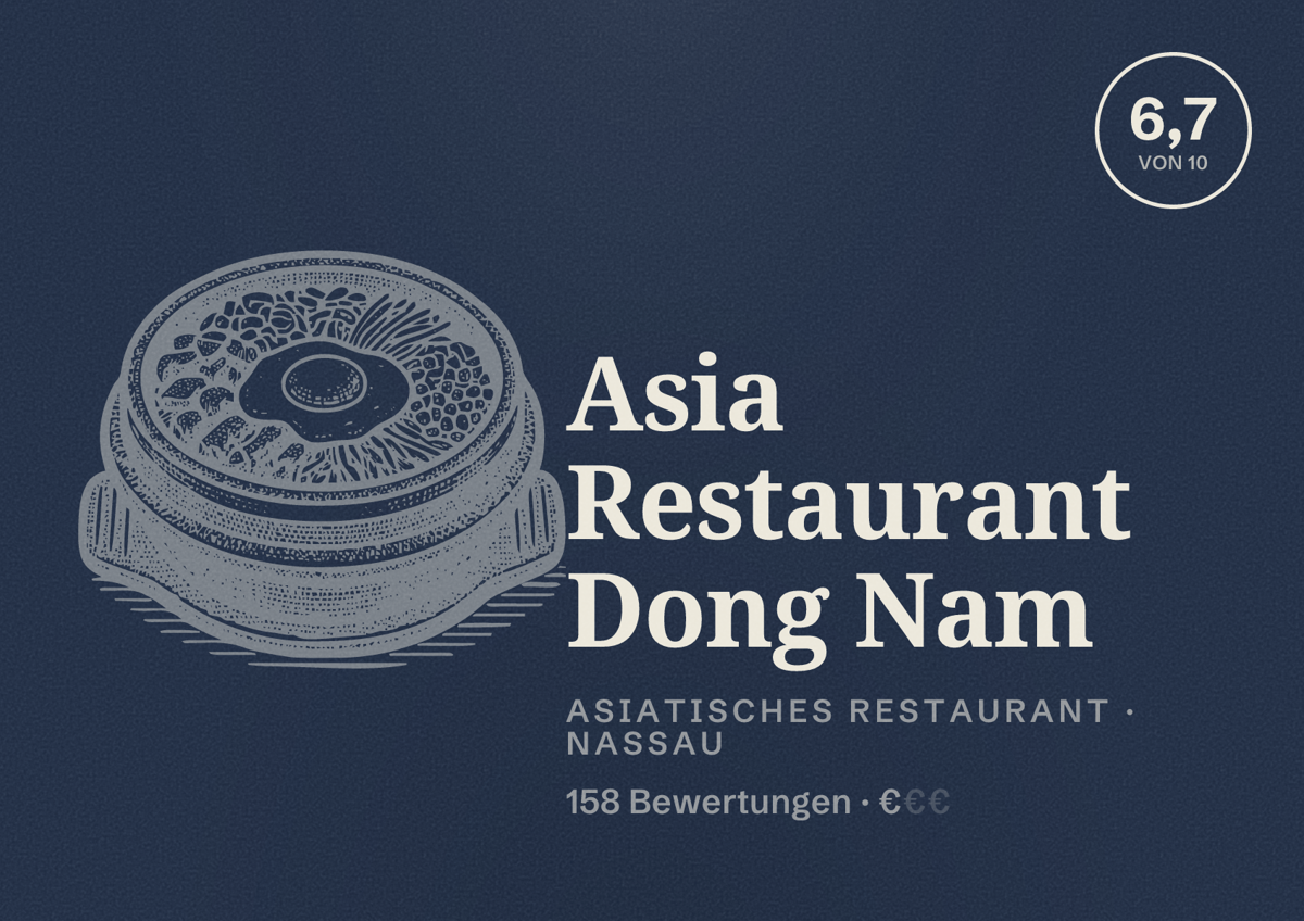 Illustriertes Poster von Asia Restaurant Dong Nam, Asiatisches Restaurant in Nassau: Bewertung 6,7 von 10 aus 158 Bewertungen, Preisniveau €