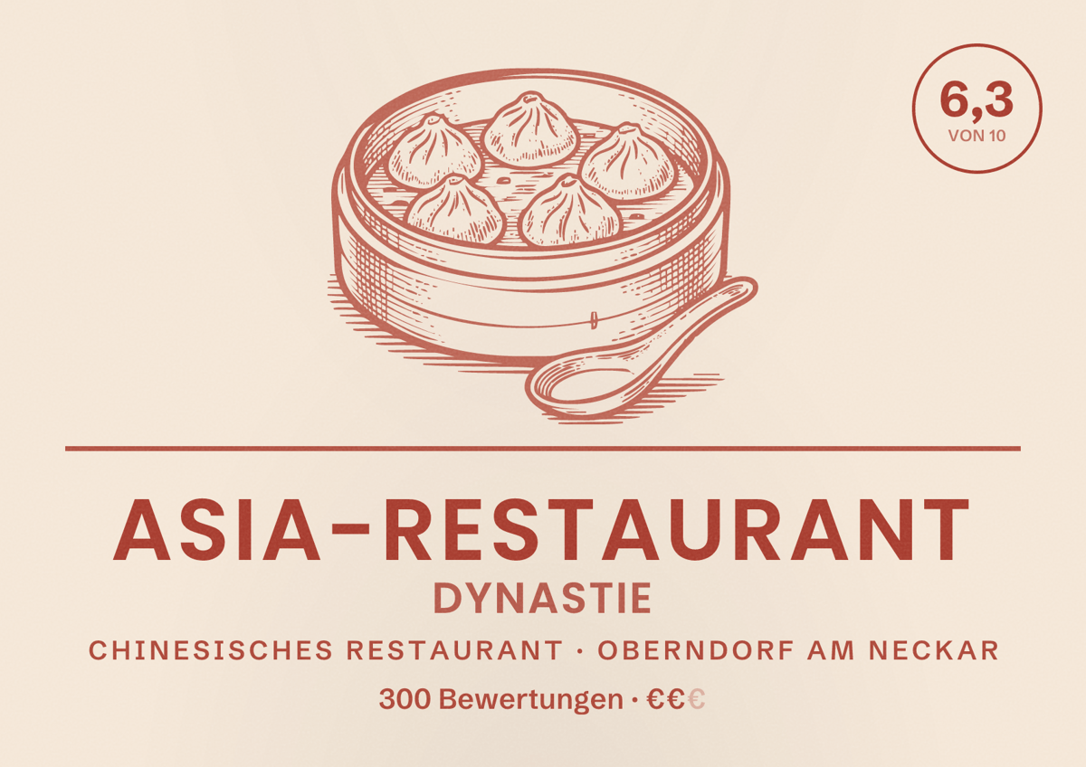 Illustriertes Poster von Asia-Restaurant Dynastie, Chinesisches Restaurant in Oberndorf am Neckar: Bewertung 6,3 von 10 aus 300 Bewertungen, Preisniveau €€
