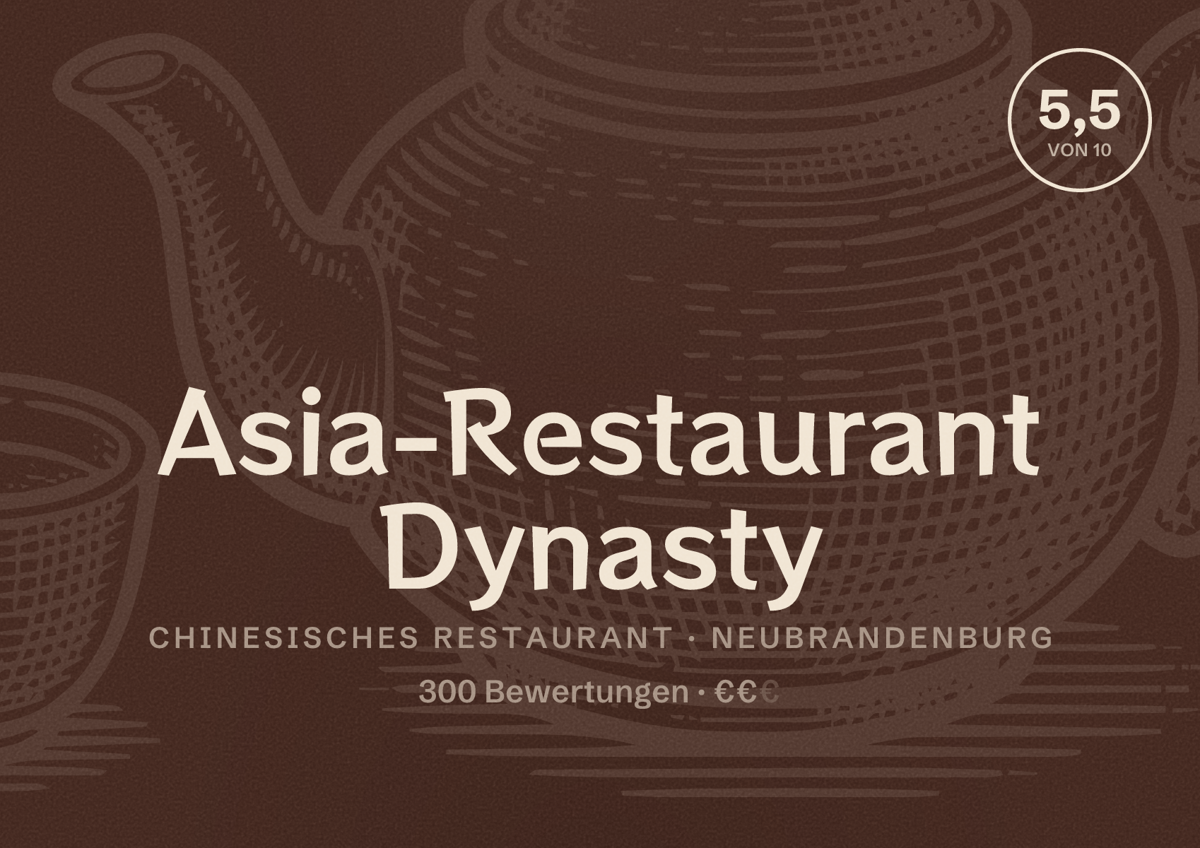 Illustriertes Poster von Asia-Restaurant Dynasty, Chinesisches Restaurant in Neubrandenburg: Bewertung 5,5 von 10 aus 300 Bewertungen, Preisniveau €€