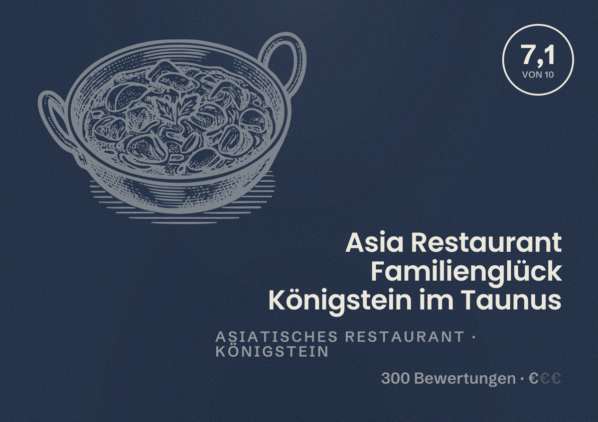 Illustriertes Poster von Asia Restaurant Familienglück Königstein im Taunus, Asiatisches Restaurant in Königstein: Bewertung 7,1 von 10 aus 300 Bewertungen, Preisniveau €