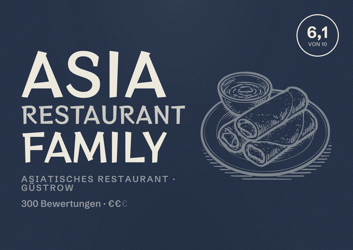 Illustriertes Poster von Asia Restaurant Family, Asiatisches Restaurant in Güstrow: Bewertung 6,1 von 10 aus 300 Bewertungen, Preisniveau €€