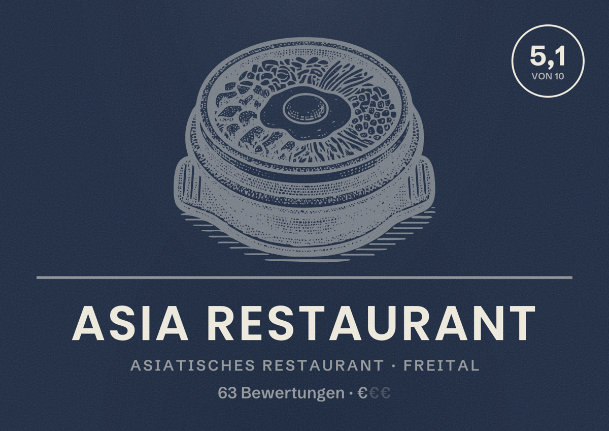 Illustriertes Poster von Asia Restaurant, Asiatisches Restaurant in Freital: Bewertung 5,1 von 10 aus 63 Bewertungen, Preisniveau €