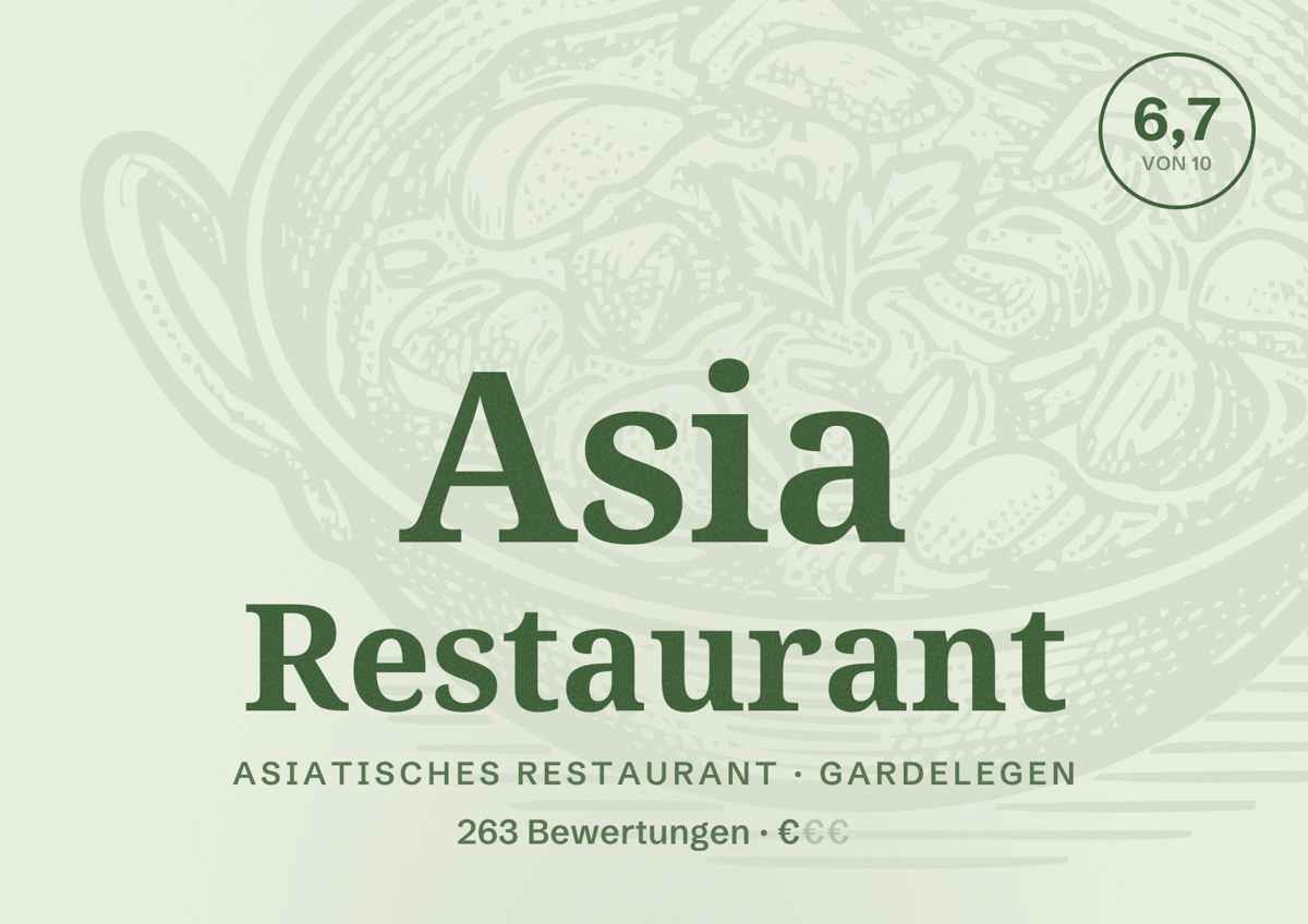 Illustriertes Poster von Asia Restaurant, Asiatisches Restaurant in Gardelegen: Bewertung 6,7 von 10 aus 263 Bewertungen, Preisniveau €