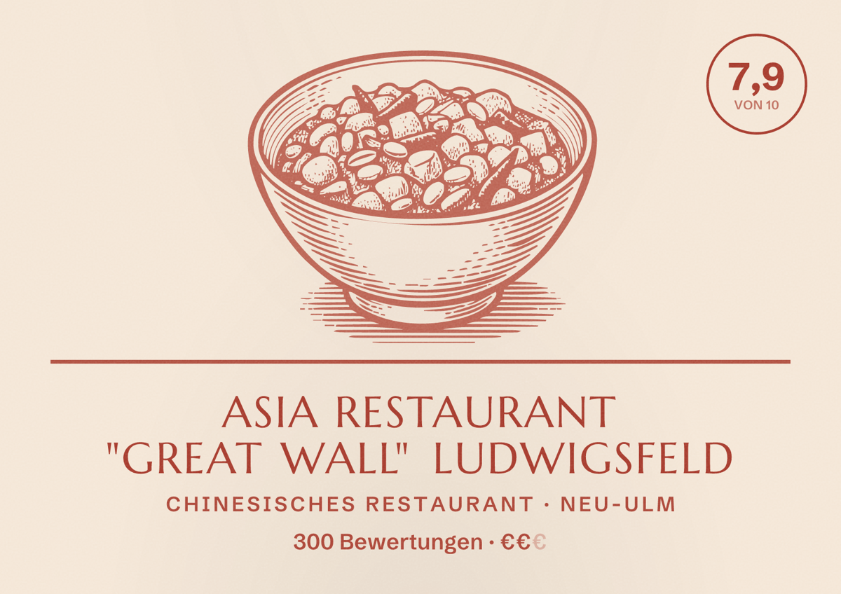 Illustriertes Poster von Asia Restaurant "Great Wall" Ludwigsfeld, Chinesisches Restaurant in Neu-Ulm: Bewertung 7,9 von 10 aus 300 Bewertungen, Preisniveau €€
