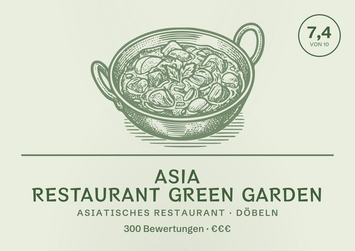 Illustriertes Poster von Asia Restaurant Green Garden, Asiatisches Restaurant in Döbeln: Bewertung 7,4 von 10 aus 300 Bewertungen, Preisniveau €€€