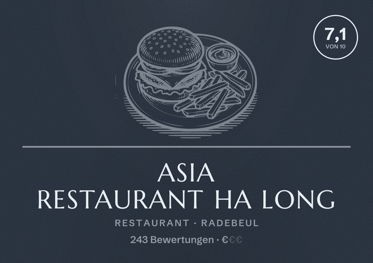 Illustriertes Poster von Asia Restaurant Ha Long, Restaurant in Radebeul: Bewertung 7,1 von 10 aus 243 Bewertungen, Preisniveau €