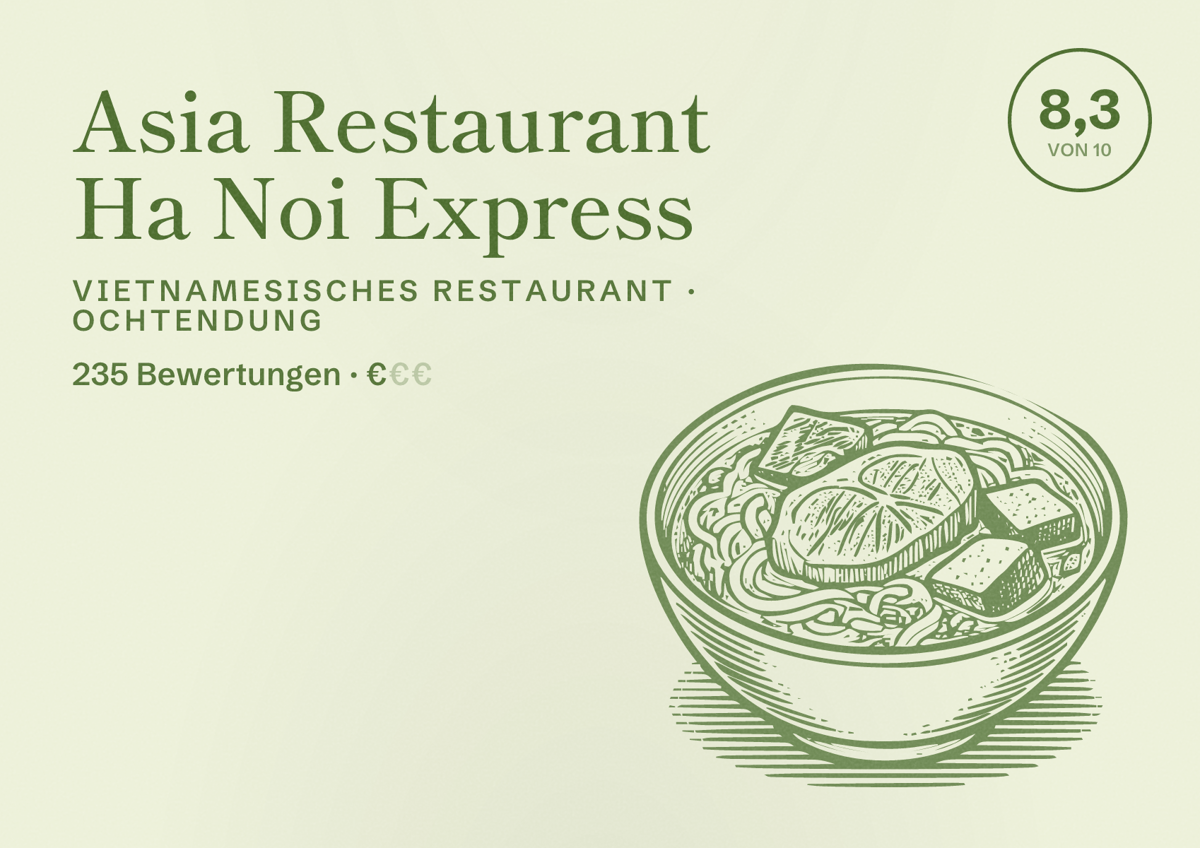 Illustriertes Poster von Asia Restaurant Ha Noi Express, Vietnamesisches Restaurant in Ochtendung: Bewertung 8,3 von 10 aus 235 Bewertungen, Preisniveau €