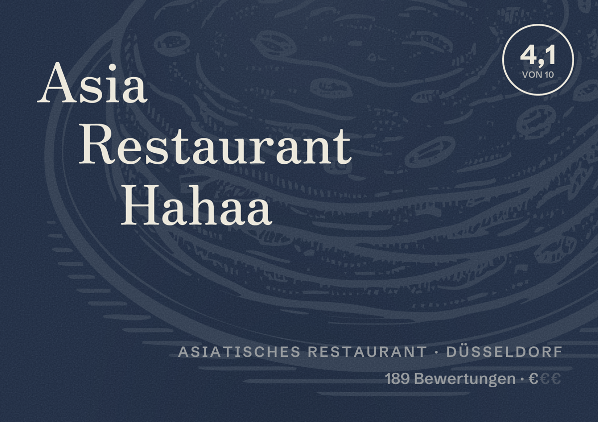 Illustriertes Poster von Asia Restaurant Hahaa, Asiatisches Restaurant in Düsseldorf: Bewertung 4,1 von 10 aus 189 Bewertungen, Preisniveau €