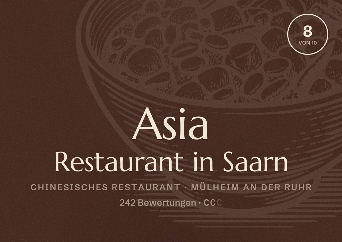 Illustriertes Poster von Asia Restaurant in Saarn, Chinesisches Restaurant in Mülheim an der Ruhr: Bewertung 8 von 10 aus 242 Bewertungen, Preisniveau €€